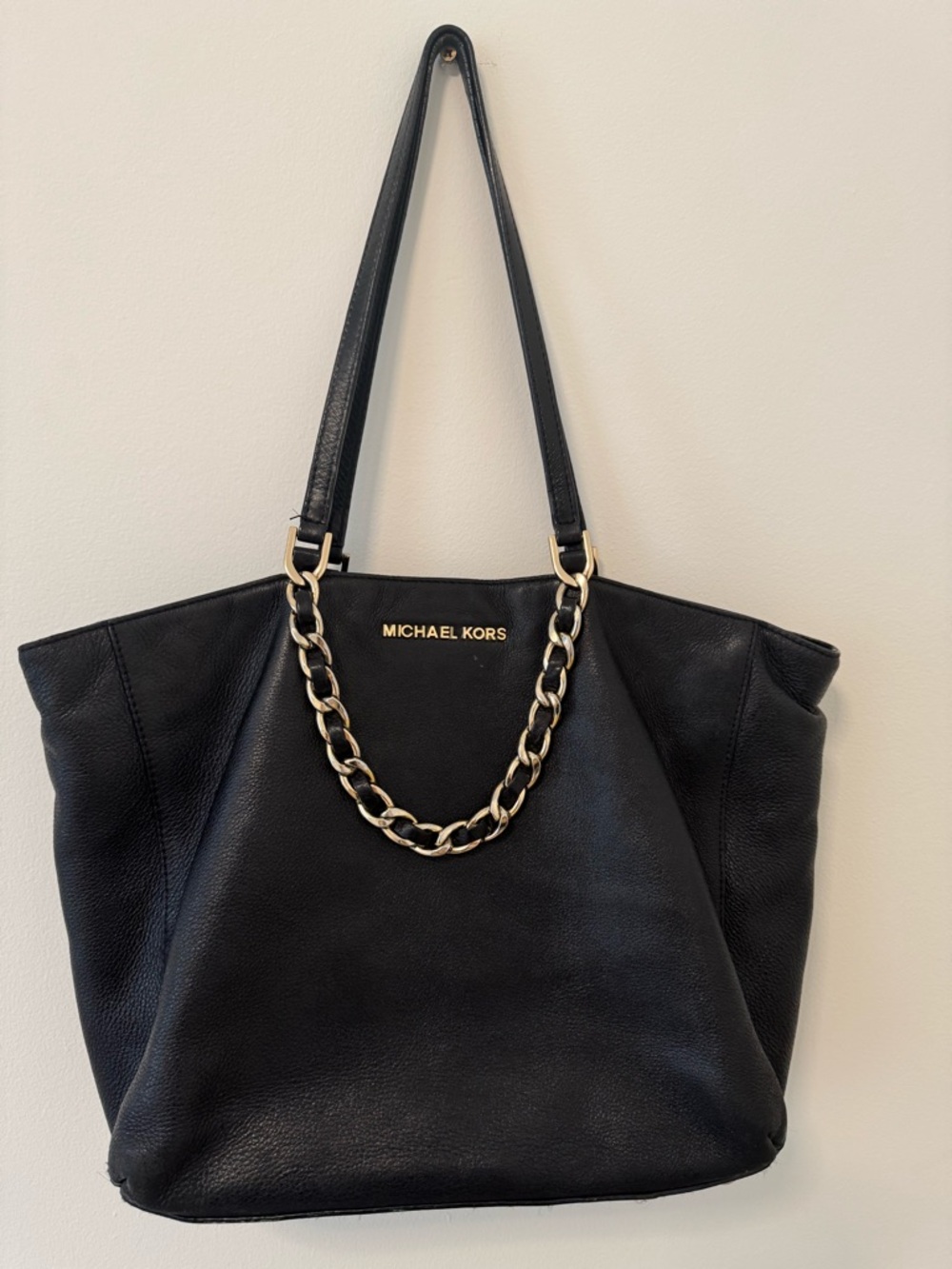 Michael Kors Black Harper Leather Tote Bag with Gold Chain